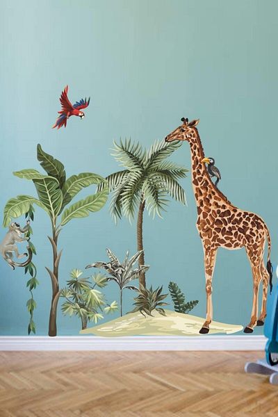Sim Tasarım Safari Tropical Animals And Trees Kids Baby Room Wall Sticker