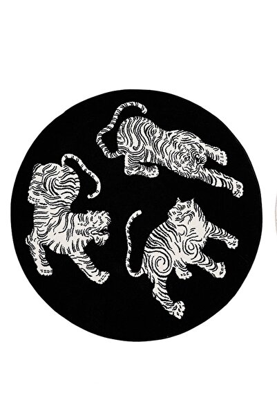 Rugs Modern Halı Siyah Üç Kaplan Figürlü Dokuma Taban Yuvarlak Halı Mira 1303