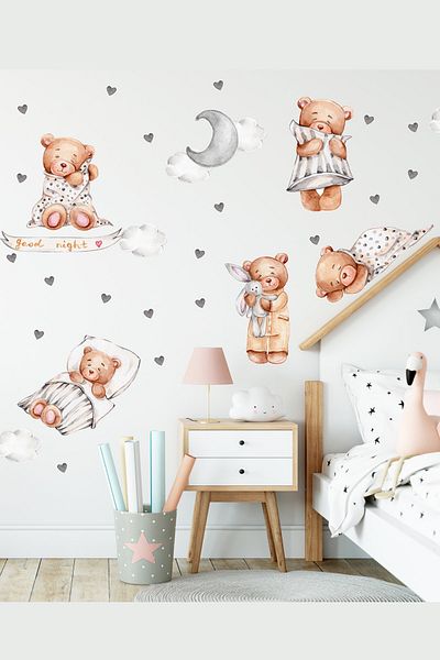 Sim Tasarım Sim377 Mega Size Cute Bears Sleep Well Kids Room Wall Sticker Set