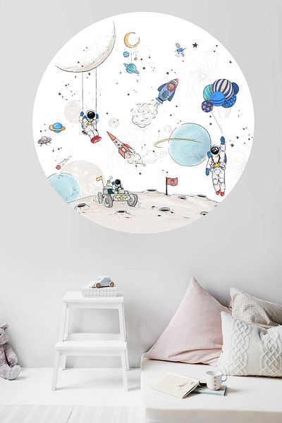 Sim Tasarım Round Space Astronaut Rocket Themed Kids Room Wall Sticker Set