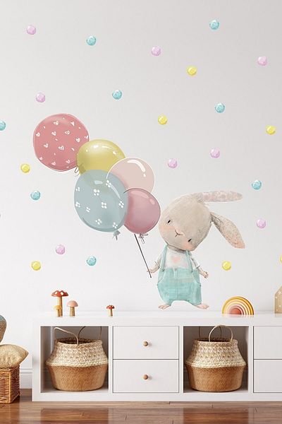 Sim Tasarım Rabbit in Blue Overalls with Balloons Kids Room Wall Sticker Set