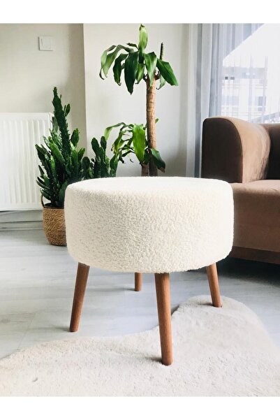 PUFANNA Ahşap Ayaklı Dekoratif Beyaz Yuvarlak Pelüş Puf Bench Koltuk Sandalye...