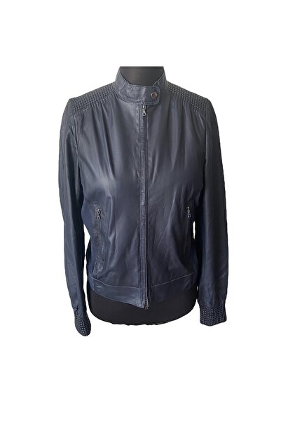 asus deri سترة نسائية من الجلد الطبيعي باللون الأزرق الداكن