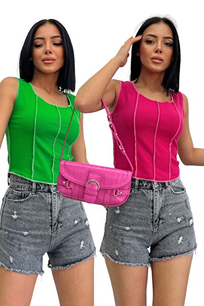 ALFUDO Moda Collection Bluză crop din material reiat piese cu cusătură invers...