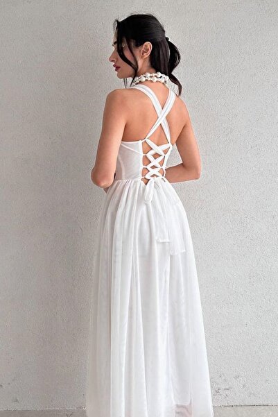 vuvutasarım Self-Corsage Lined Tulle Fabric Chest Padding Back Lace Detail Midi White Princess Dress