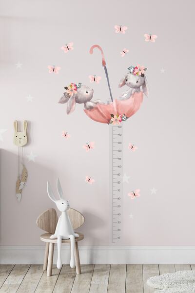 Sim Tasarım Şemsiyeli Tavşanlar Ve Kelebekler Boy Ölçer Çocuk Odası Duvar Sti...