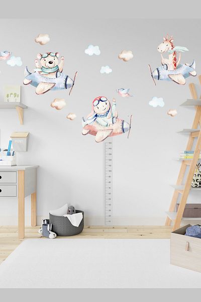 Sim Tasarım Race of Pilots in the Sky Children's Room Wall Sticker Set with Height Measurer