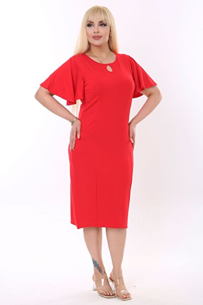 Mooi XXL Kadın Kırmızı Kelebek Kol Kuplu Büyük Beden Elbise