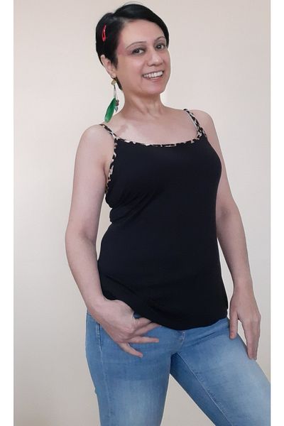 Mertcan Butik Leopard Piping Detailed Rope Strap Black Combed Cotton Viscose T-Shirt