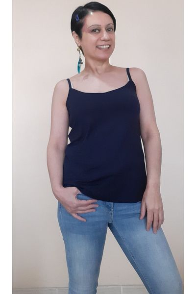 Mertcan Butik Navy Blue Combed Cotton Viscose T-Shirt with Rope Strap