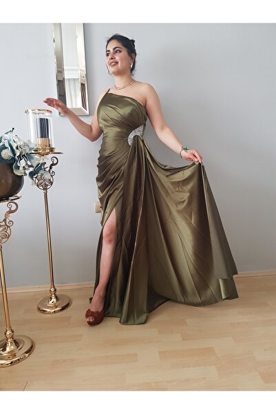 FERGAN Women's Khaki One Shoulder Satin Tailed Special Design Evening Dress