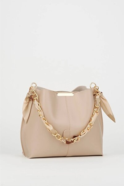 skyyouaccesories Eșarfă crem și accesoriu lanț din piele moale Geantă de mână...