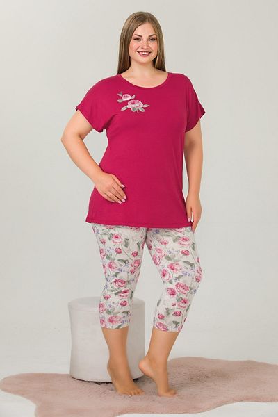 quilling Claret Red Color and Floral Patterned Lady 10641 Oversize Capri Pajama Set