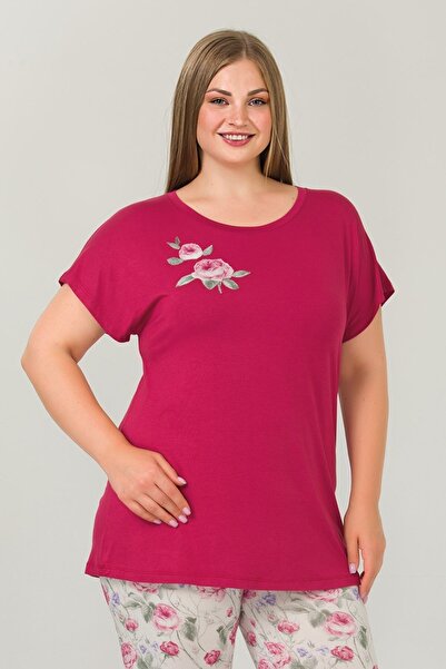 quilling Claret Red Color and Floral Patterned Lady 10641 Oversize Capri Pajama Set