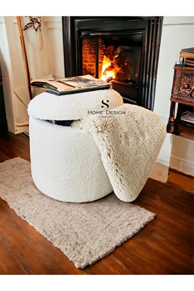 S Home Design Concept Mints Sandıklı Silindir Puf, Teddy, Beyaz