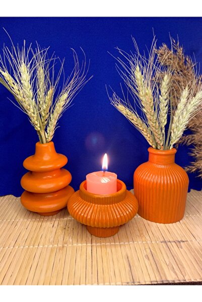 BNGE Ticaret Dekoratif Kiremit 10cm 3’lü Küçük Vazo&mumluk Set Ev Salon Akses...