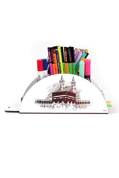 kutuTR Wooden Vip Islam And Kaaba Model Rainbow Ruled Desktop Pen Holder Organizer Assembled Boxed