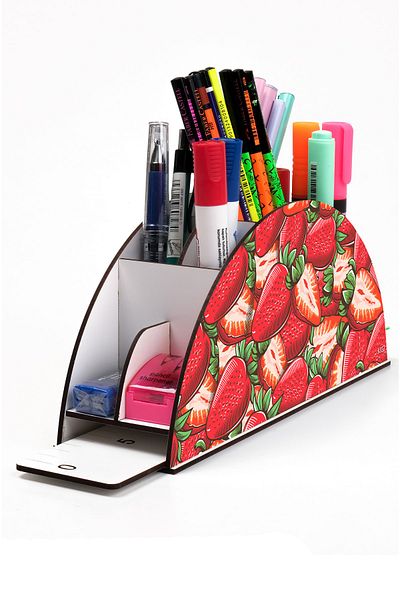 kutuTR Wooden Vip Fruit And Plant Model Rainbow Ruled Desktop Pen Holder Organizer Assembled Boxed