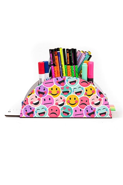 kutuTR Wooden Vip Emojis Model Rainbow Ruled Desktop Pen Holder Organizer with Assembled Box