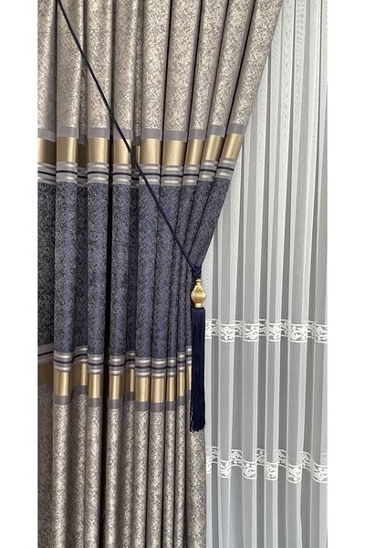 Yuka Panel Background Curtain Mink Navy Blue Gold Single Wing Closely Pleated Jacquard Shiny Patterned 100 X 280