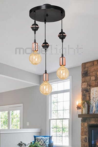 Modelight Akses 3lü Siyah Bakır Dekoratif Avize Salon-oturma-çocuk-yatak Odas...