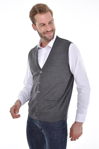 Çizgi Triko Men's Knitwear Gray Vest Buttoned Pocket Detailed Woven Steel Knit