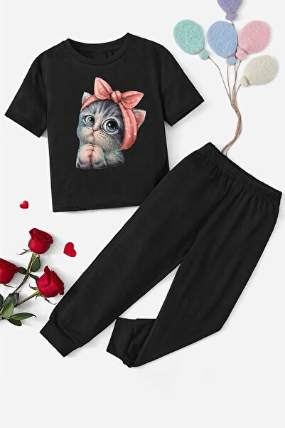 Machetta Kids Bow Cat Printed Oversize T-shirt Tracksuit Kids Set