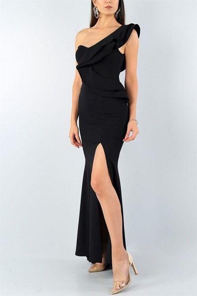bayansepeti Rochie de seară lungă, neagră, cu un singur umăr, țesătură creponată flexibilă Rochie neagră de bal maxi