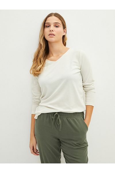 LC Waikiki Nagy méretű, V-nyakú, sima, hosszú ujjú női póló