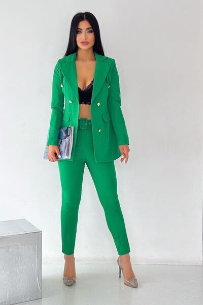 Moda Collection Flexible Fabric - Buttoned and Pocketed Blazer Jacket and Pipe Leg Belted Trousers Set