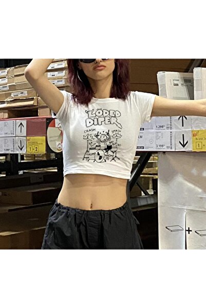 Aesthia MİNGALONDON  Löded Diper Baskılı Beyaz Crop