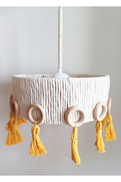 C&A&B KUZEY AVİZE Design Baby-Child-Teen Room Design Pendant Lamp Chandelier with Macrame Rope Wrap Wooden Ring and Fringe Accessories