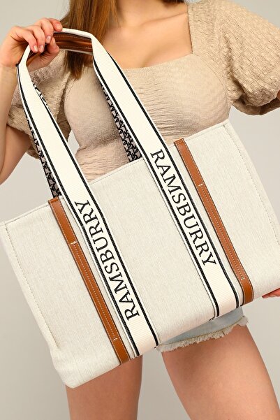 Ramsburry Kadın Krem Kanvas Kumaş Vegan Deri Detaylı Pamuk Kolonlu Büyük Boy Plaj Çantası & El Çantası