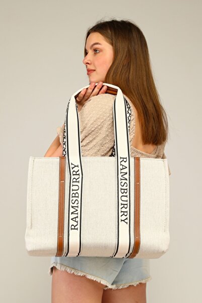 Ramsburry Kadın Krem Kanvas Kumaş Vegan Deri Detaylı Pamuk Kolonlu Büyük Boy Plaj Çantası & El Çantası