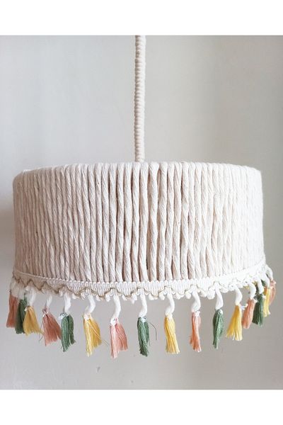C&A&B KUZEY AVİZE Cylinder Ecru Macrame Rope Wrap Fringed Bedroom-baby-child-teen Room Design Pendant Lamp Chandelier