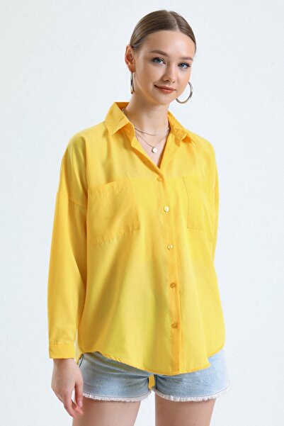 MD trend Women's Yellow Pocket Oversize Long Basic Poplin Shirt