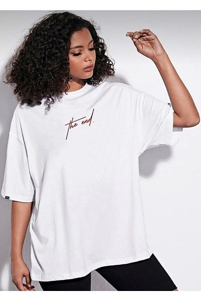 SELENA BUTİK Oversize Γυναικείο Ανδρικό Unisex The End Printed Λευκό T-shirt