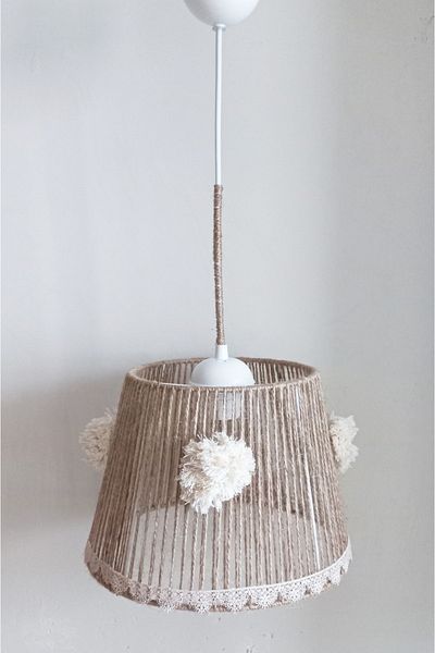 C&A&B KUZEY AVİZE Design Pendant Lamp Chandelier with Wicker Rope Wrapped Conical Wire Lace Strip and Pompom