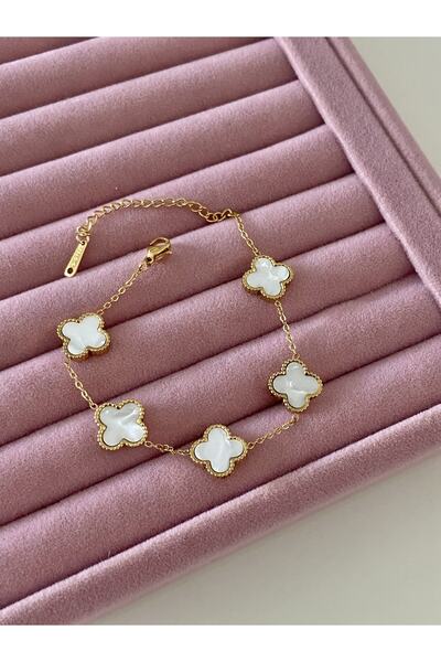 Nola Aksesuar Çelik Gold Beyaz Mineli Beş Yoncalı   Bileklik