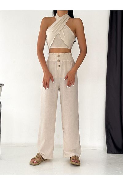 alenmoda Λινό Γυναικείο Παντελόνι - Μπροστινό Κουμπί