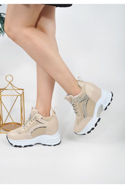 Lady Pantofi sport de piatră cu toc pană ascuns pentru femei, cu șireturi argintii