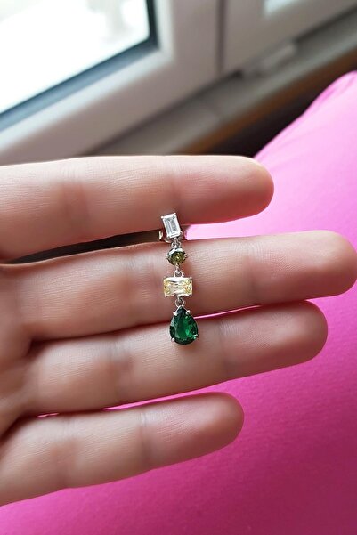 MorMajor Silver Tekli Ithal Fancy Kesim Yeşil Sarı Sallantılı Gümüş Küpe