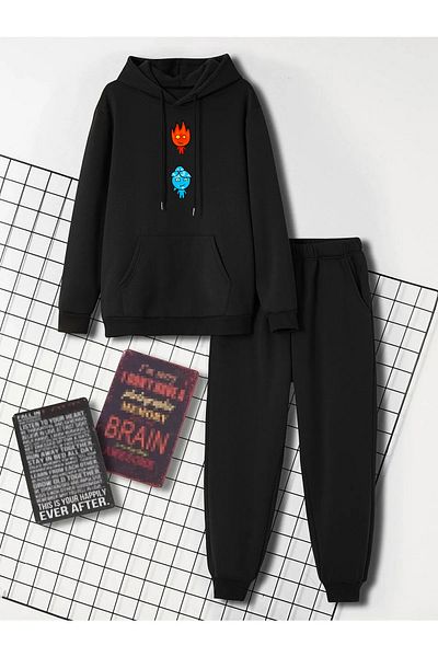 Mythologie Unisex Fire and Water Vertical Printed Bottom-Top Set Combination - Jogger, Rubber Leg, Hooded, Oversize