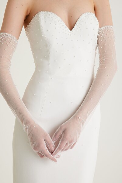TARA COŞKUNTUNCEL Beyaz El Işleme Detaylı Uzun Tül Nişan Eldiveni