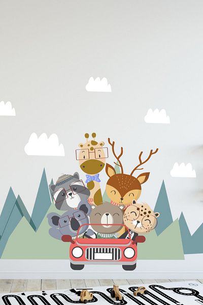 Sim Tasarım Cute Animals Safari Tour in Nature with a Single Vehicle Children's Room Decoration Wall Sticker Set