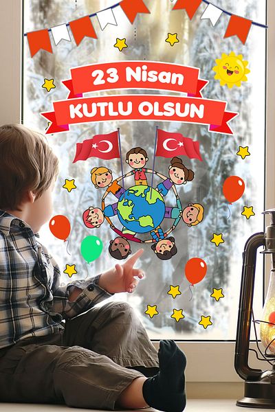 Sim Tasarım 23 April Children's Day Fun Glass Wall Decoration Sticker Set
