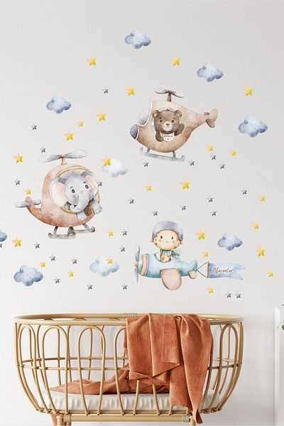 Sim Tasarım Kids Next Door Team Cute Pilot Animals Kids Room Wall Sticker Set