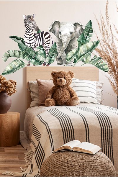 Sim Tasarım Giant Leaves Zebra And Elephant Tropical Watercolor Kids Room Wall Sticker Set