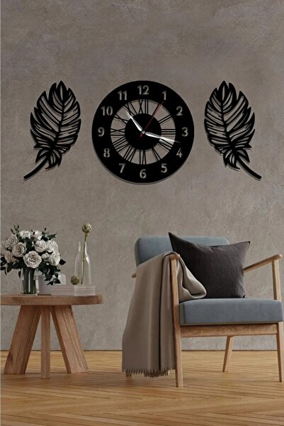 Ensa Design Yapraklı Roma Ve Latin Rakamlı Duvar Saati- Ahşap Duvar Saati 50cm