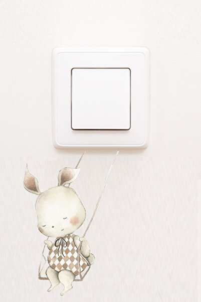 Sim Tasarım El Çizimi Salıncaklı Tavşan Çocuk Odası Dekoratif Priz Sticker